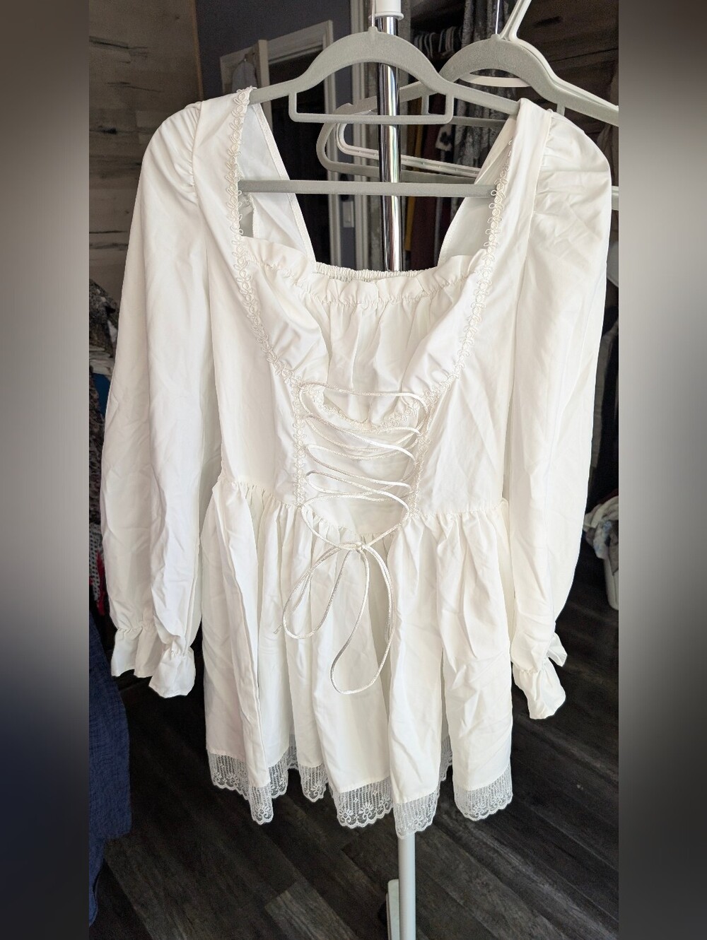 White Lace-Up Peasant Mini Dress Or Tunic Top